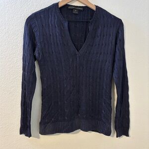 Ralph Lauren Black Label 100% Silk Cable Knit V-Neck Sweater Navy Size M